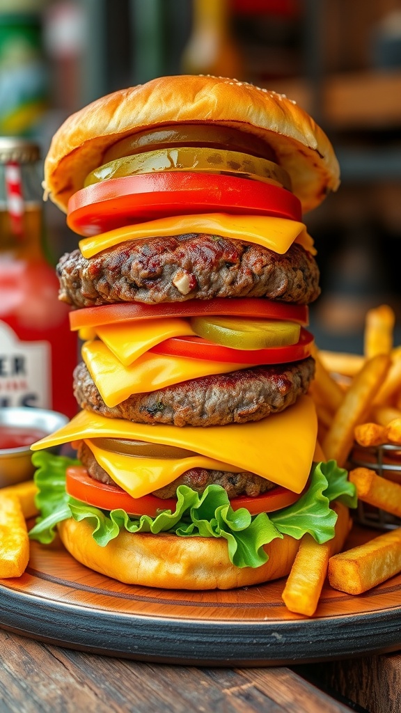 A gourmet burger with beef patty, cheese, lettuce, tomatoes, and pickles on a wooden table with fries and ketchup.